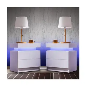 Modern new design simple white wood wooden 2 drawer bedside table nightstand with LED light for bedroom