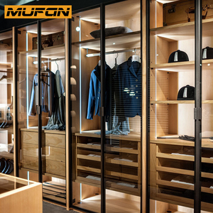 Lemari pakaian kayu padat Modern mewah, dengan lampu kustom kamar tidur furnitur pintu kaca berjalan di lemari desain lemari kayu - Product Image 2