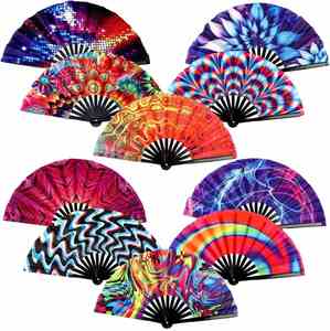 Customized Printed Traditional Cartoon Painted <b>Large</b> Bamboo Promotional Rave Satin Fabric Hand Held Folding <b>Fans</b> - Product Image 1