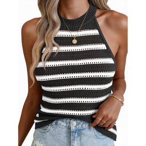 Womens Summer Striped Crochet Halter Tank Top Knitted Sleeveless Hollow Out Casual Camisole Breathable Lightweight Top - Product Image 1