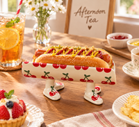 Support à hot-dogs en céramique avec motif cerise mignon, plateau décoratif pour servir les hot-dogs, idéal pour la maison, la cuisine, le petit-déjeuner, les fêtes et la table.