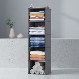 5-Tier Non-Woven Hanging Closet Organizer Foldable Storage <b>Shelf</b> with 2 Sturdy Metal <b>Hooks</b> for Wardrobe Bedroom Dorm - Product Image 1