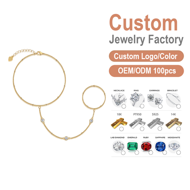 High End 18K Gold Plated S925 Silver Moissanite Set Hand Chain Bracelet Design GRA Certified Customizable