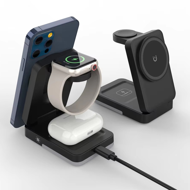New Arrival Magnetic Wireless Charger Station 3 in 1 Folding Phone Smart Watch Earphone Charging Stand Multi Functional OEM