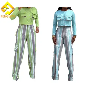 Fall 2023 Women Clothes Button Short Tops+High Waist Pants Womens Casual Suit O-Neck Shirt And Striped Pants Set