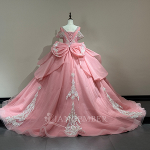 Vestido de Novia de Lujo Xs274 Rosa Brillante con Apliques de Encaje Hechos a Mano y Cola Jancember - Product Image 4