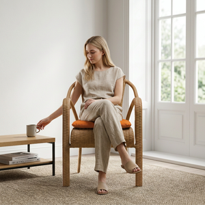 Chaise de jardin contemporaine en rotin avec coussin orange et pieds coniques, mobilier d'extérieur - Product Image 5