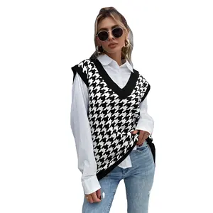 Áo Len Áo Chui Đầu Áo Ghi Lê Không Tay Cổ Chữ V Kẻ Sọc Mùa Thu Houndstooth Áo Len Dệt Kim Argyle Cho Nữ Áo Ghi Lê