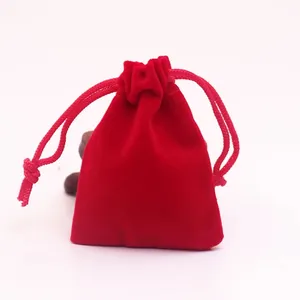 批发定制Logo印花派对礼品包装简约红色天鹅绒小袋拉绳饰品包装袋