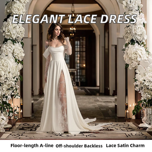 Vestido de Novia Elegante y Moderno de Talla Grande, Corte en A, Largo hasta el Suelo, Cintura Natural, Ecológico, con Hombros Descubiertos, Espalda Descubierta y Manga Larga - Product Image 2