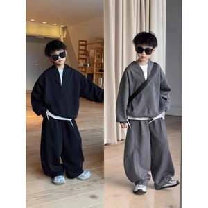 Ensemble de vêtements pour garçons en polyester personnalisé OEM ODM, pull à col en V à demi-zip à manches longues et pantalon large, tenue deux pièces - Product Image 5