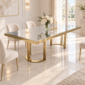 Table à manger élégante en acier inoxydable doré avec plateau en verre miroir et base en U ouverte, fournisseur en gros pour mariages et hôtels - Product Image 3