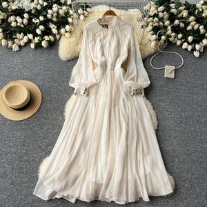 Nuova moda europea elegante tinta unita colletto alto manica lunga abito brillante donna abiti Midi <span class=keywords><strong>abbigliamento</strong></span> - Product Image 4