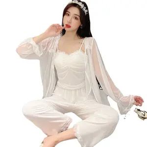S1985F 2022 new spring autumn with chest pad mesh sexy suspendersbridesmaid robe three-piece set