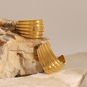 <b>Cuff</b> <b>Earrings</b> Gold Stainless Steel Ribbed Geometric Minimalist Fashion Jewelry - Product Image 4