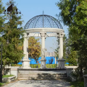 Gazebo de Mármol Blanco Estilo Europeo para Jardín, Pabellón de Piedra con Columnas Romanas y Cúpula de Hierro Forjado - Product Image 1