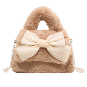 Plush Tote Bag With Bow Pearl Chain For Women Fall 2023 Solid Color Zipper Closure Everyday Use - Product Image 5