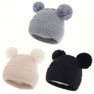 Bonnet tricoté chaud pour enfants avec 2 pompons, bonnet d'hiver pour enfants et bébés, broderie 3D, usage professionnel - Product Image 1