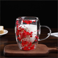Tasse à café en verre à double paroi, résistante à la chaleur, durable, avec fleur séchée et perle, prix de gros abordable