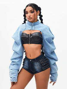 Nouvelle mode <span class=keywords><strong>veste</strong></span> en jean à manches bouffantes irrégulières avec fermeture à glissière et col demi-ouvert pour femmes - Product Image 2