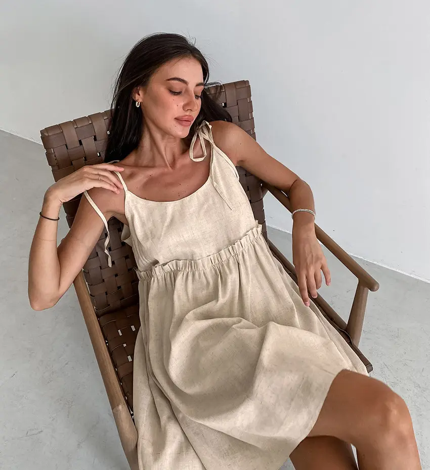 2024 spring summer linen blend khaki sexy women slip dress wholesale Low MOQ cotton linen slip dress