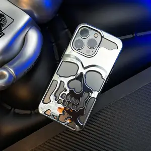 Luxe Gegalvaniseerde Schedelkop Holle Telefoonhoes Voor Iphone 14 13 12 11 Pro Max 14 Plus Menselijk Skelet Metallic Glans Hoes