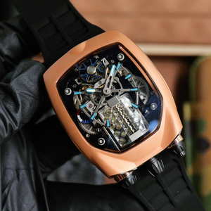 Reloj Mecánico de Lujo con Caja en Forma de Barril en Oro Rosa, Correa de Goma Negra Flexible y Agradable al Tacto, Reloj Deportivo de Carreras para Hombre - Product Image 2