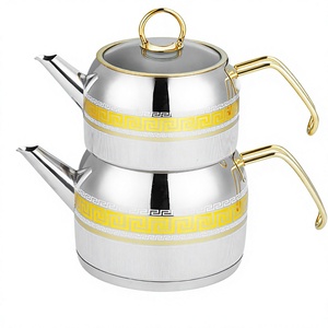 Edelstahl Türkisches Teekannen-Set Doppelstöckige Teekanne mit Goldrand Griechisches Schlüsselmuster Umweltfreundlich Mikrowellengeeignet für Küche und Zuhause - Product Image 4