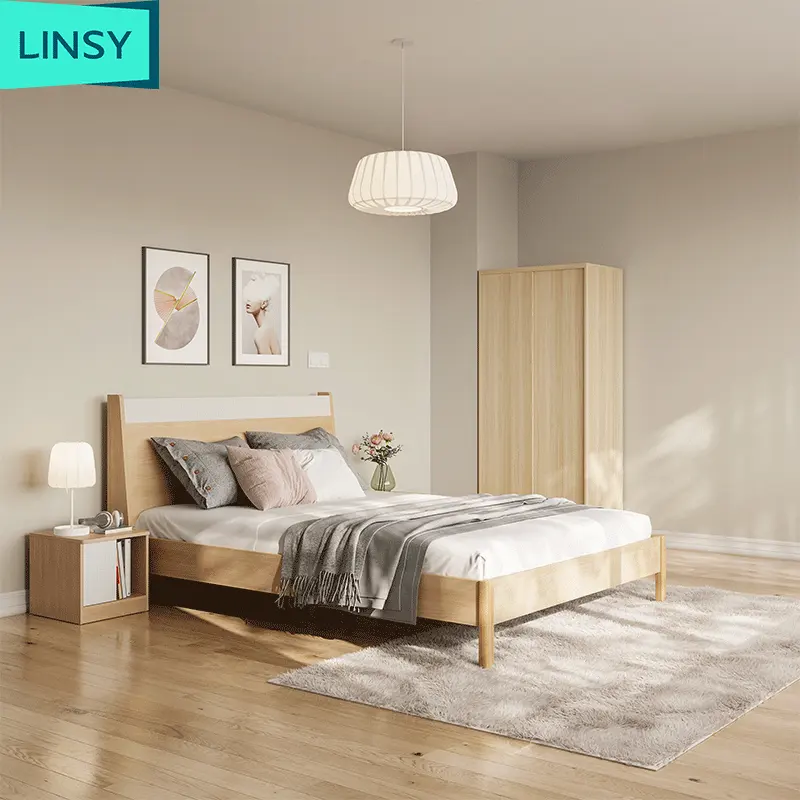 Linsy קווין גודל חדר שינה מותנית מודרני מיטת עץ מרופד מודרני