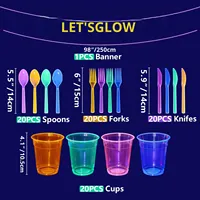 Assiettes en papier jetables, gobelets en tissu, couteaux, fourchettes, cuillères, kits fluorescents, décoration de table pour fête, couleur néon qui brille sous la lumière UV