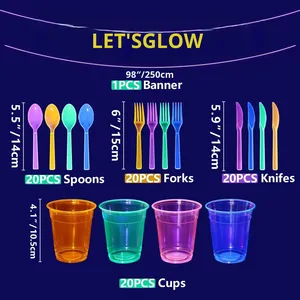 Assiettes en papier jetables, gobelets en tissu, couteaux, fourchettes, cuillères, kits fluorescents, décoration de table pour fête, couleur néon qui brille sous la lumière UV - Product Image 3