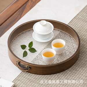 Bandeja de madera de bambú con base acrílica, redonda, para servir té, para uso doméstico, con asa. - Product Image 1