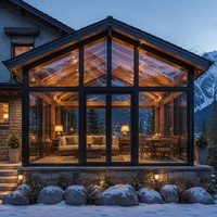 Villa et hôtel modernes, véranda en verre quatre saisons avec toit isolé thermiquement et structure en alliage d'aluminium, couleur bois personnalisée