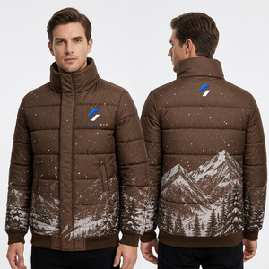 Veste d'hiver pour homme, imprimé montagne enneigée, col montant, fermeture éclair, coupe-vent, matière polyester - Product Image 1