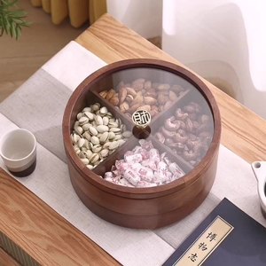 <b>Rotating</b> Solid Wood Candy Box With Lid Round Storage Tray For Snacks Nuts Dried Fruits Wedding Party Use - Product Image 5
