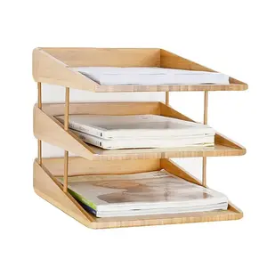 Bac à fichiers de bureau en bois support de rangement de documents organisateur de bureau en bois de bambou multifonction avec plateaux pour livre et fichier