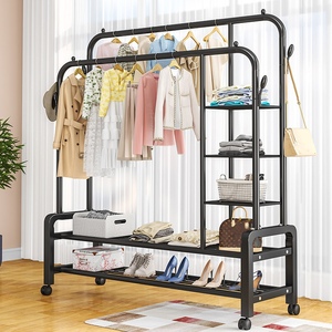 Perchero Simple de Doble Varilla para Ropa, Organizador de Almacenamiento Móvil <span class=keywords><strong>con</strong></span> <span class=keywords><strong>Ruedas</strong></span>, Material de Hierro para Balcón Interior, Dormitorio - Product Image 5