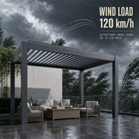 Pergola intelligente avec toit à lamelles motorisées, résistance au vent et capteur de pluie pour patios résidentiels