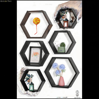 Étagères flottantes hexagonales en pin massif, noir antique, étagères murales géométriques pour rangement