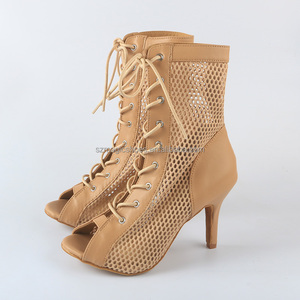 <span class=keywords><strong>Bottines</strong></span> de danse latine personnalisées pour femmes Bachata <span class=keywords><strong>Salsa</strong></span> chaussures de danse abricot PU et maille chaussures de danse à lacets 8.5CM - Product Image 2