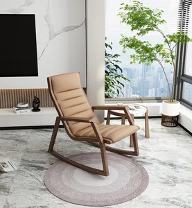 Mecedora de madera maciza para sala de estar, sillón con tapicería de cuero, para dormir, ocio, balcón, hoteles y exteriores