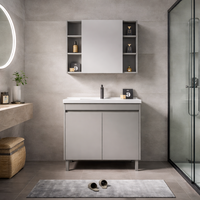 Meuble-lavabo suspendu avec étagères ouvertes et porte coulissante, armoire de rangement murale, mobilier de salle de bain moderne et minimaliste
