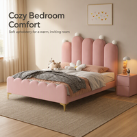 Lit de princesse pour filles, lit rembourré pour enfants avec tête de lit en forme de couronne, lit plateforme pour filles, chambre à coucher rose blush