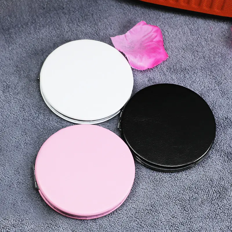 Penjualan laris cermin rias saku kosmetik portabel perjalanan bulat kulit PU Logo kustom cermin merah muda persegi bulat dua sisi