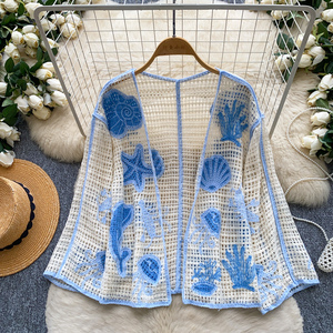Blouses d'été à manches longues en tricot bohème pour femmes, chemises unies ajourées, hauts décontractés pour femmes, vente en gros - Product Image 2