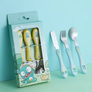 Wholesale Heat Transfer print Dinosaur kids flatware baby cute fork and spoon cartoon cutlery set with box