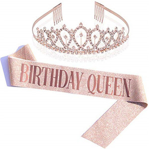 Kit Corona Principessa Oro Rosa con Fascia Glitterata, Decorazione per Feste di <span class=keywords><strong>Compleanno</strong></span> per Ragazze di 21, 30, 40, 50 Anni, per Halloween e Natale - Product Image 1