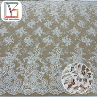 Tissu de luxe pour robe de mariée en dentelle Chantilly brodée, tissu perlé à sequins, tissu en dentelle à cils français