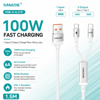 SAMZHE Cable de Carga Rápida 2 en 1 USB-A PD100W 6A, Cable Trenzado Blanco de 1.5m con Doble Tipo-C para iPad, iPhone 17/16, CarPlay, Samsung