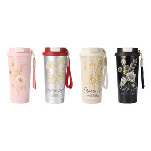 Mug de voyage isotherme floral en acier inoxydable 316L, 400 ml, léger et portable, pour usage extérieur, avec poignée et couvercle - Product Image 1